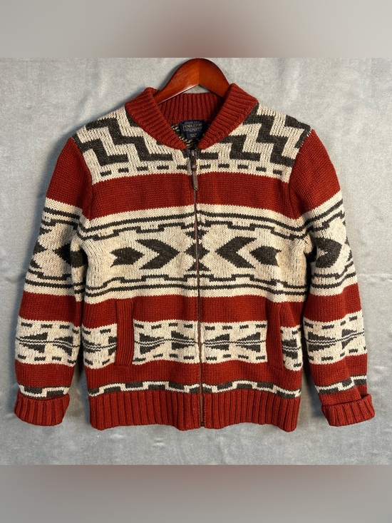 Pendleton Sweaters - Pendleton Graphic Shetland Wool Sweater Womens M Chili Red Full Zip Geometric